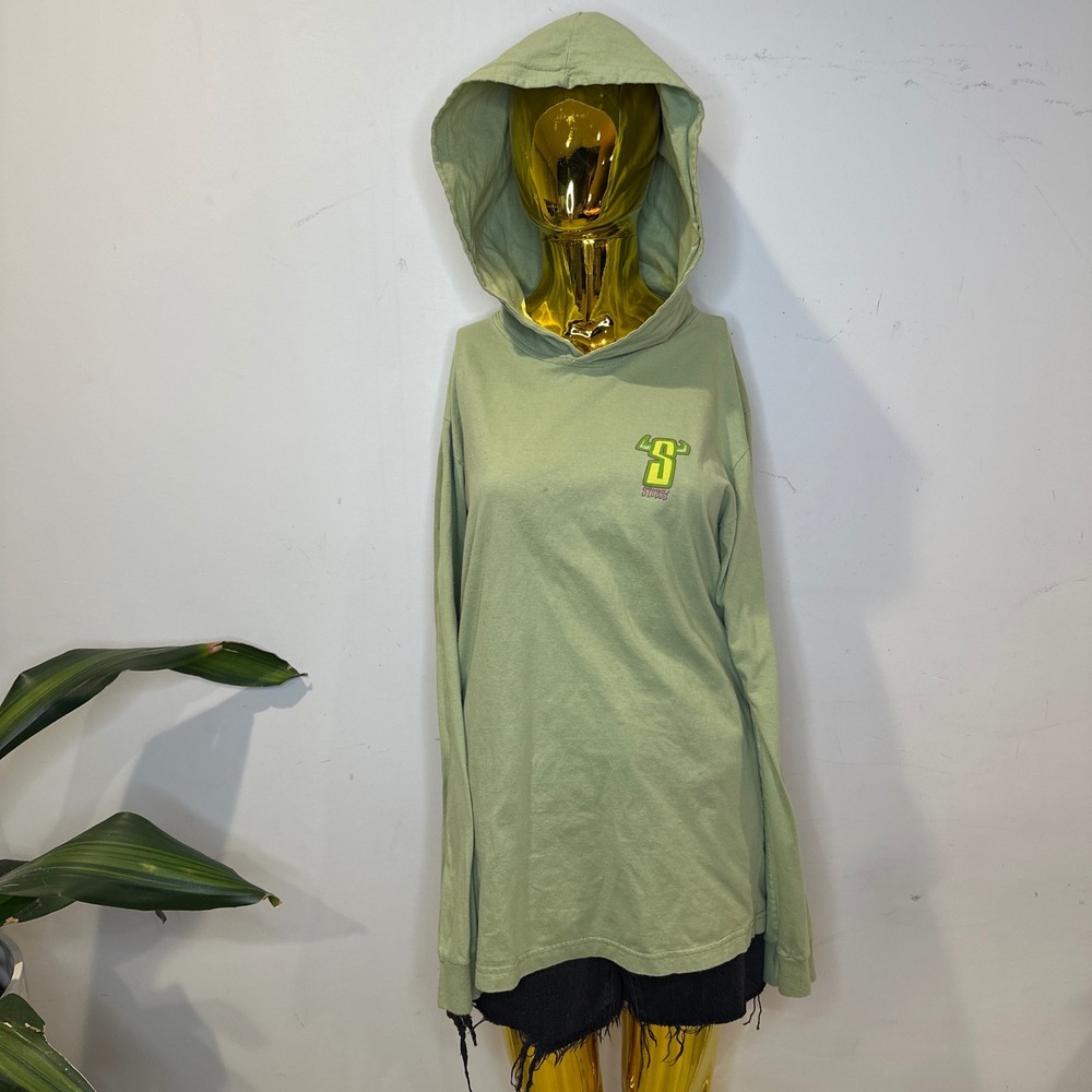 Vintage Y2K Stussy Womens Mint Green Long Sleeve Graphic Hooded Cotton Top‎ M/L